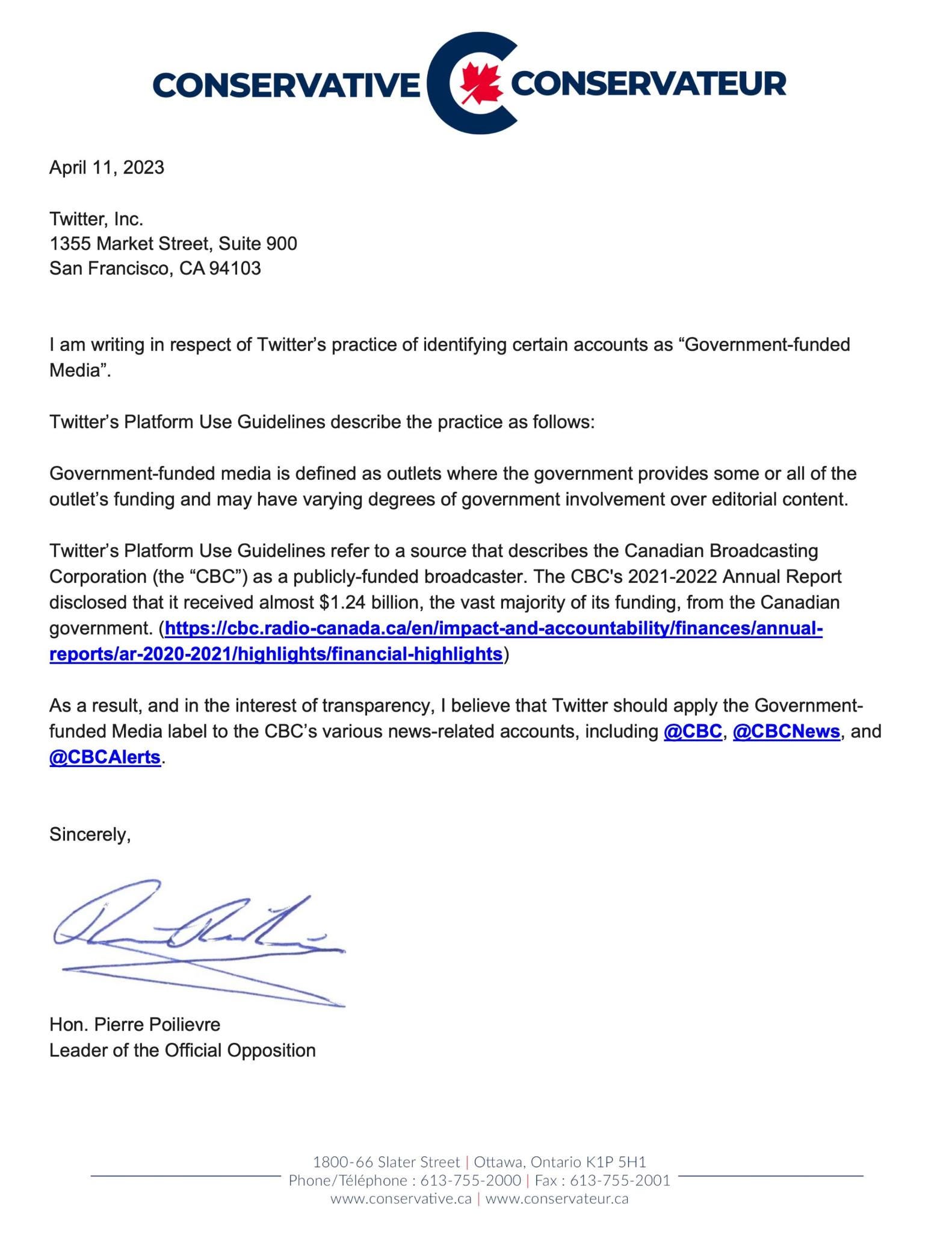 It's a letter from Pierre Poilievre to Elon Musk to label the CBC government-funded media.