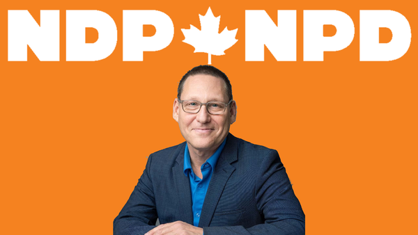 Avi Lewis, leader of the NDP, against an orange background and the NDP logo