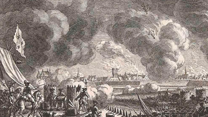 An art piece depicting a siege on a city with an army at the gates, projectiles launched and large smoke.