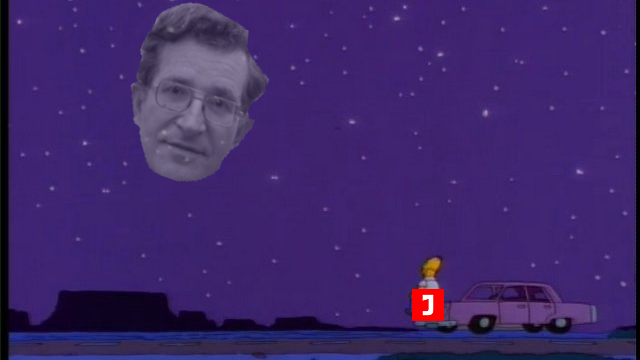 Homer Simpson sits on his car looking up into the sky. Homer is labelled with Jacobin as a Noam chomsky hovers in the sky.