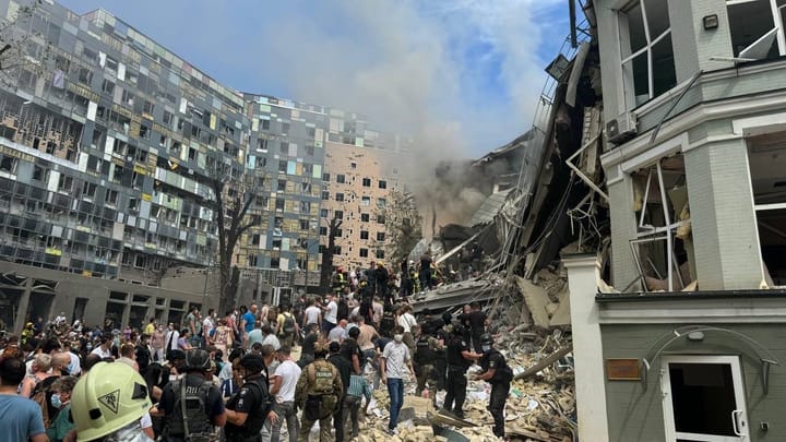 The Okhmatdyt Hospital in Kyiv, Ukraine, shortly after being struck by a Russian missile.