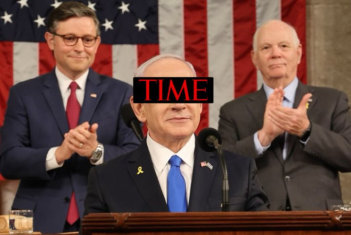 Netanyahu, speaking to US Congress, surrounded by Mike Johnson & Senator Ben Cardin with the time Logo superimposed over him