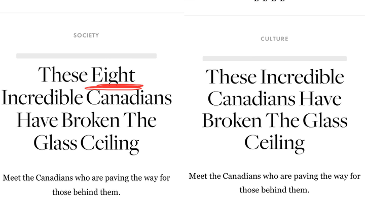 Two alternate versions of the same headline. The second removes "eight" from the headline after Sara Jama was removed.