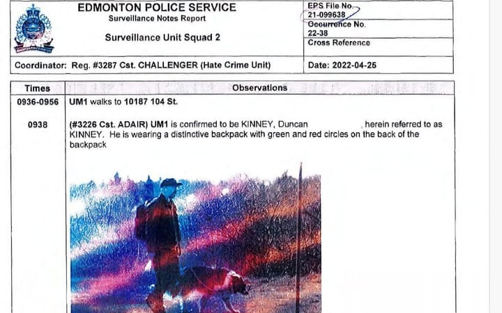 Edmonton Police Service Surveillance Notes Report from 2022-04-25. It describes a photo of Duncan Kinney walking his dog