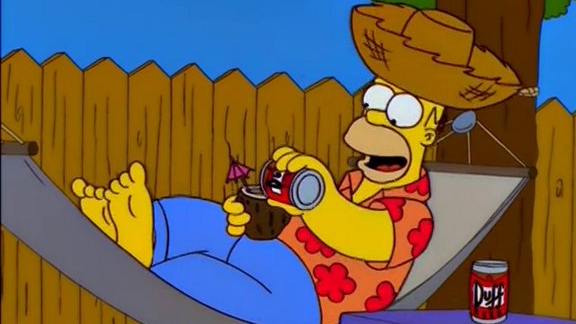 Homer in an aloha shirt and panama hat, laying in a hammock, pouring beer into a coconut